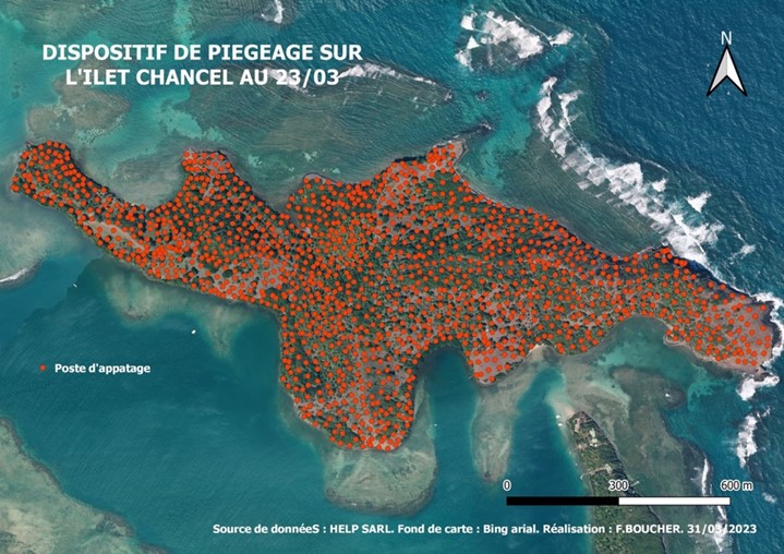 Cartographie du dispositif d’appâtage déployé sur l’îlet Chancel 